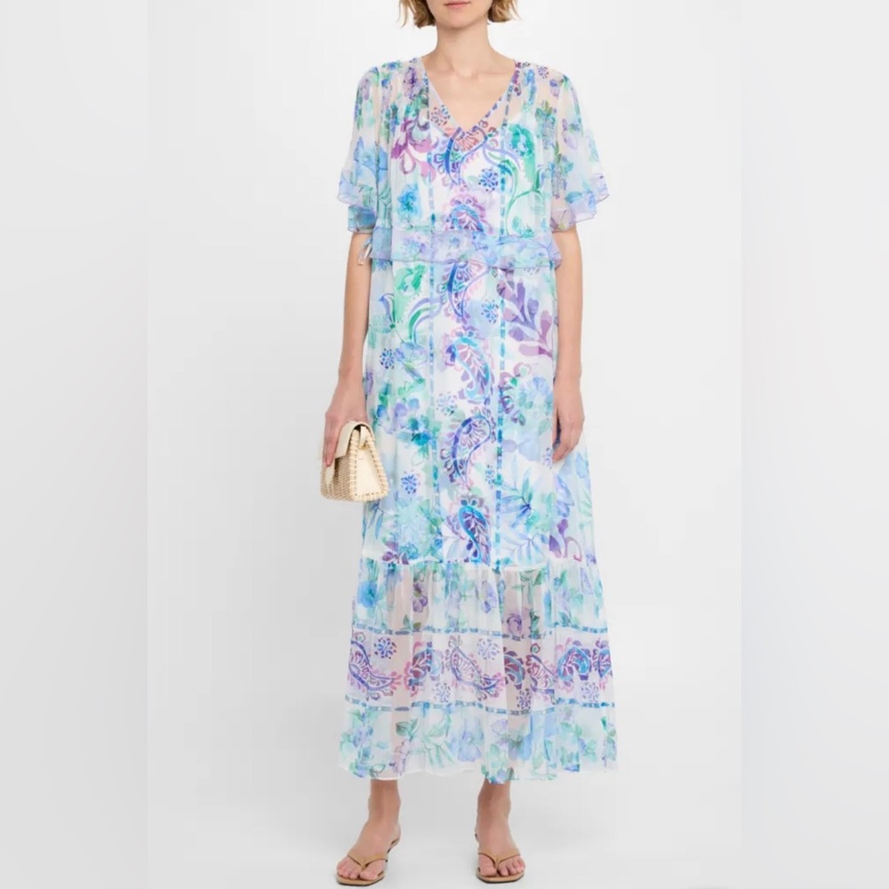 Johnny Was NWT Annamarie Flutter Silk Maxi Dress Small w/ slip Short Sleeves